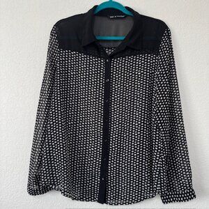Zac & Rachel Womens Black White Star Print Button Down Sheer Blouse XL
